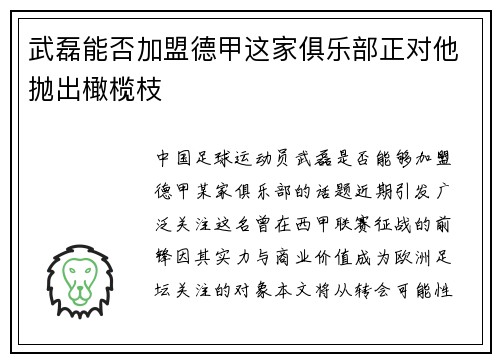 武磊能否加盟德甲这家俱乐部正对他抛出橄榄枝